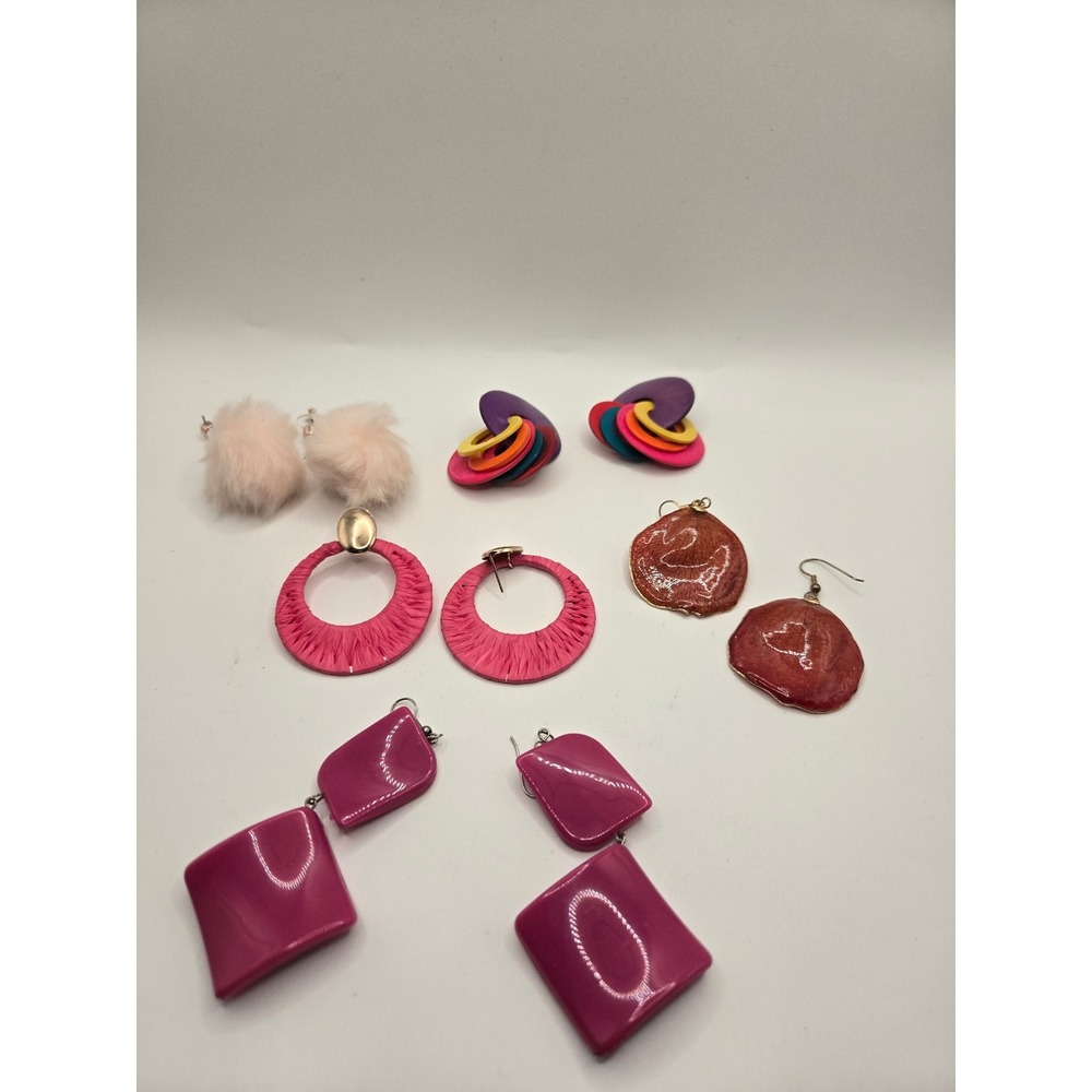 Statement Earring Bundle 5 Pairs Pink Magenta Raffia Fur Wood Resin Petal Drops